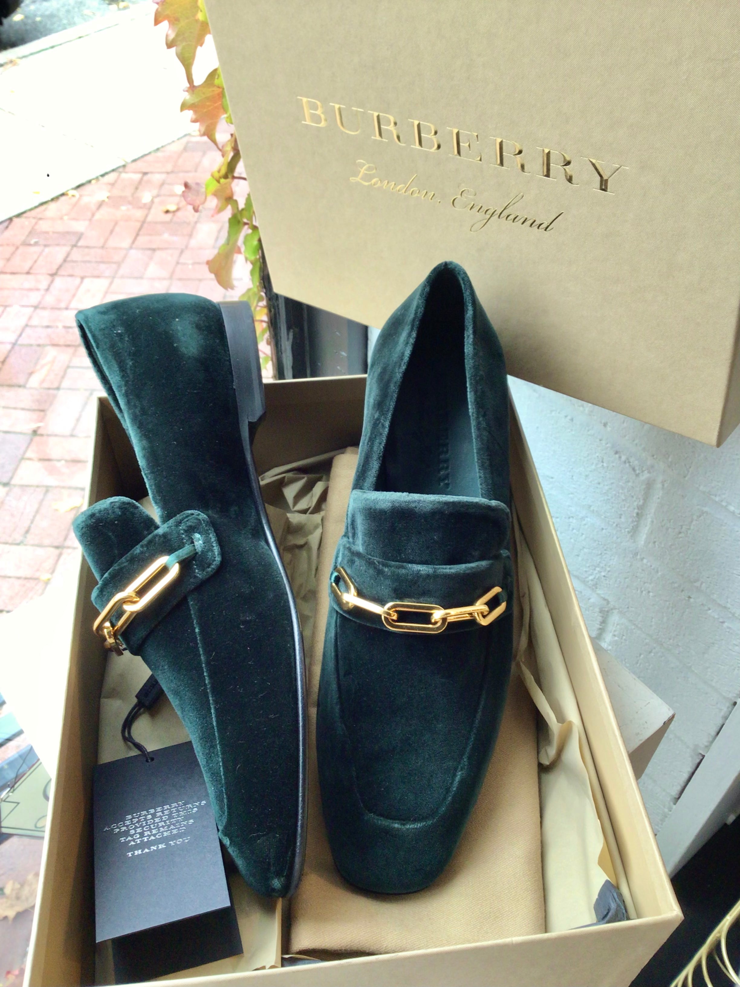 Burberry Green Velvet Loafers