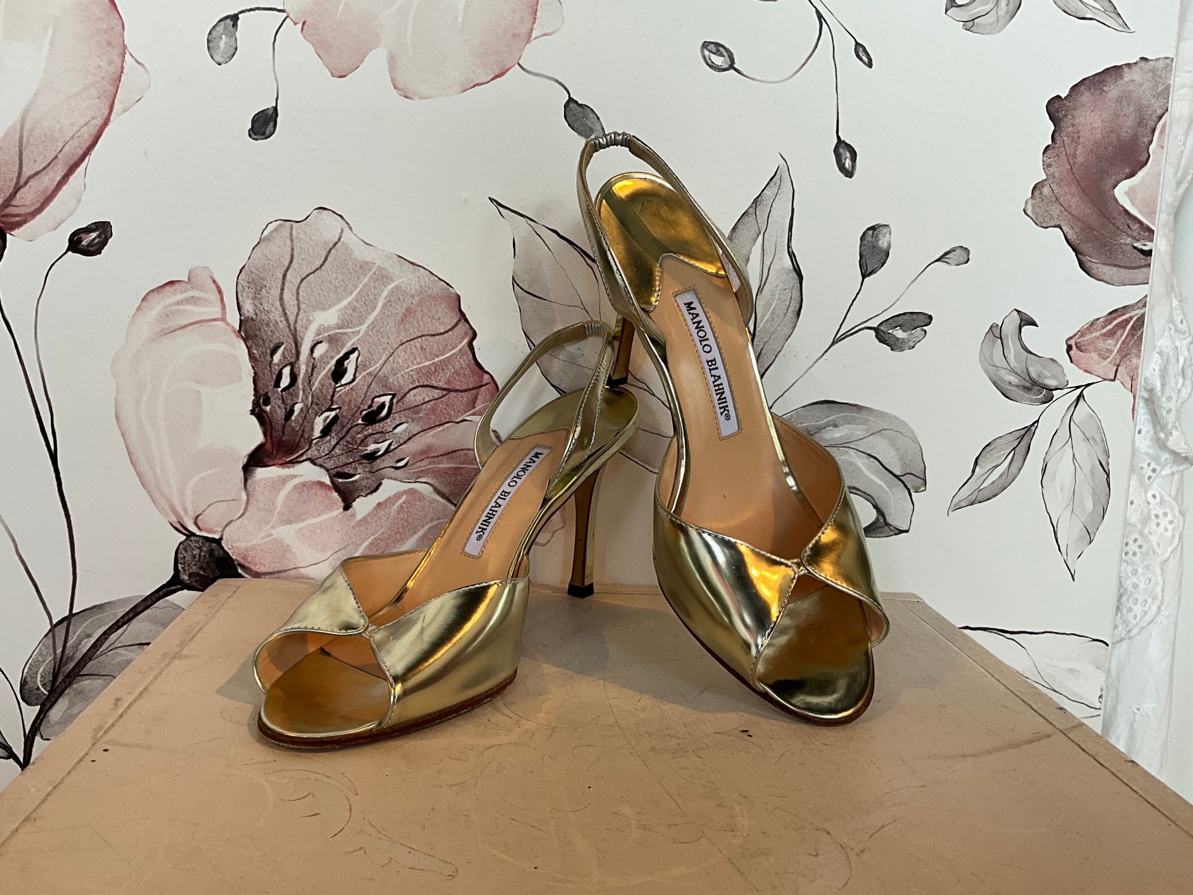 Manolo Blahnik Gold Leather Slingbacks