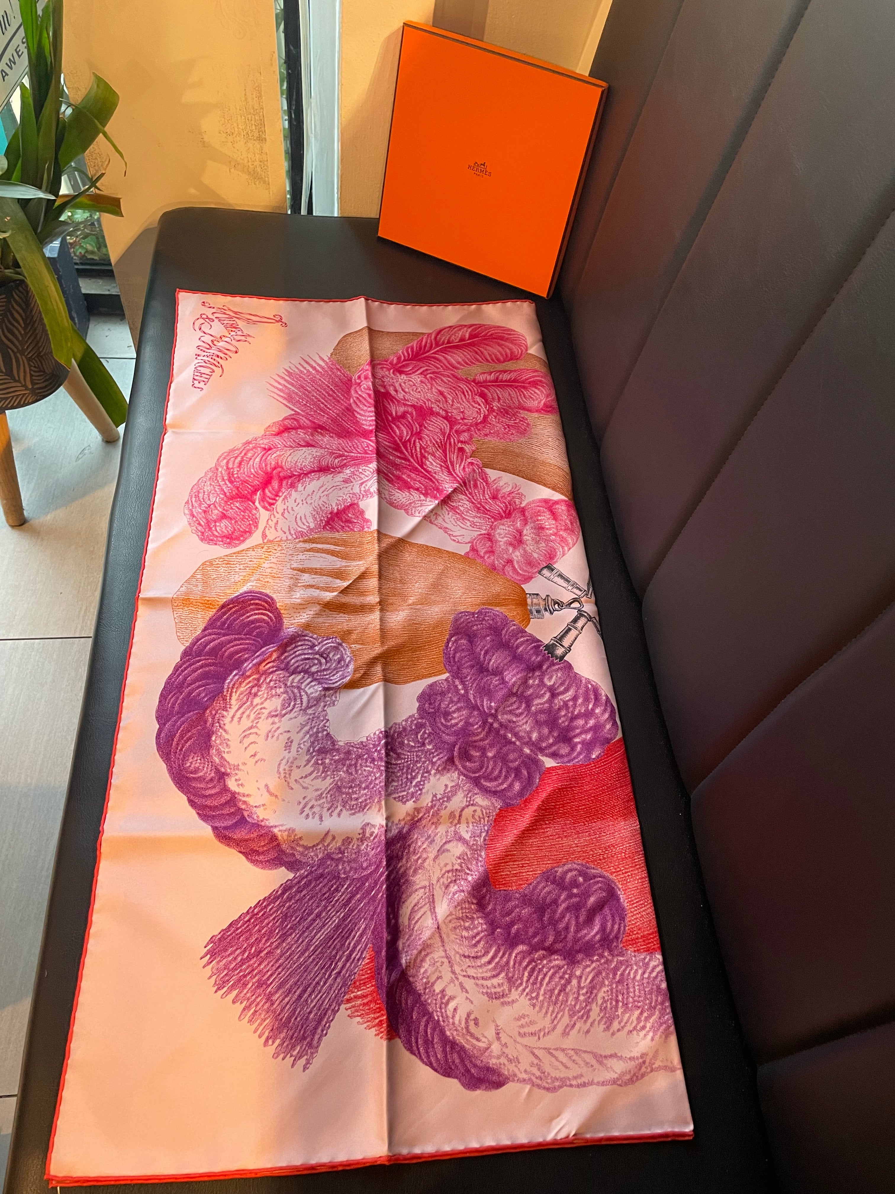 Hermes Plumets et Panaches Rose Print Scarf