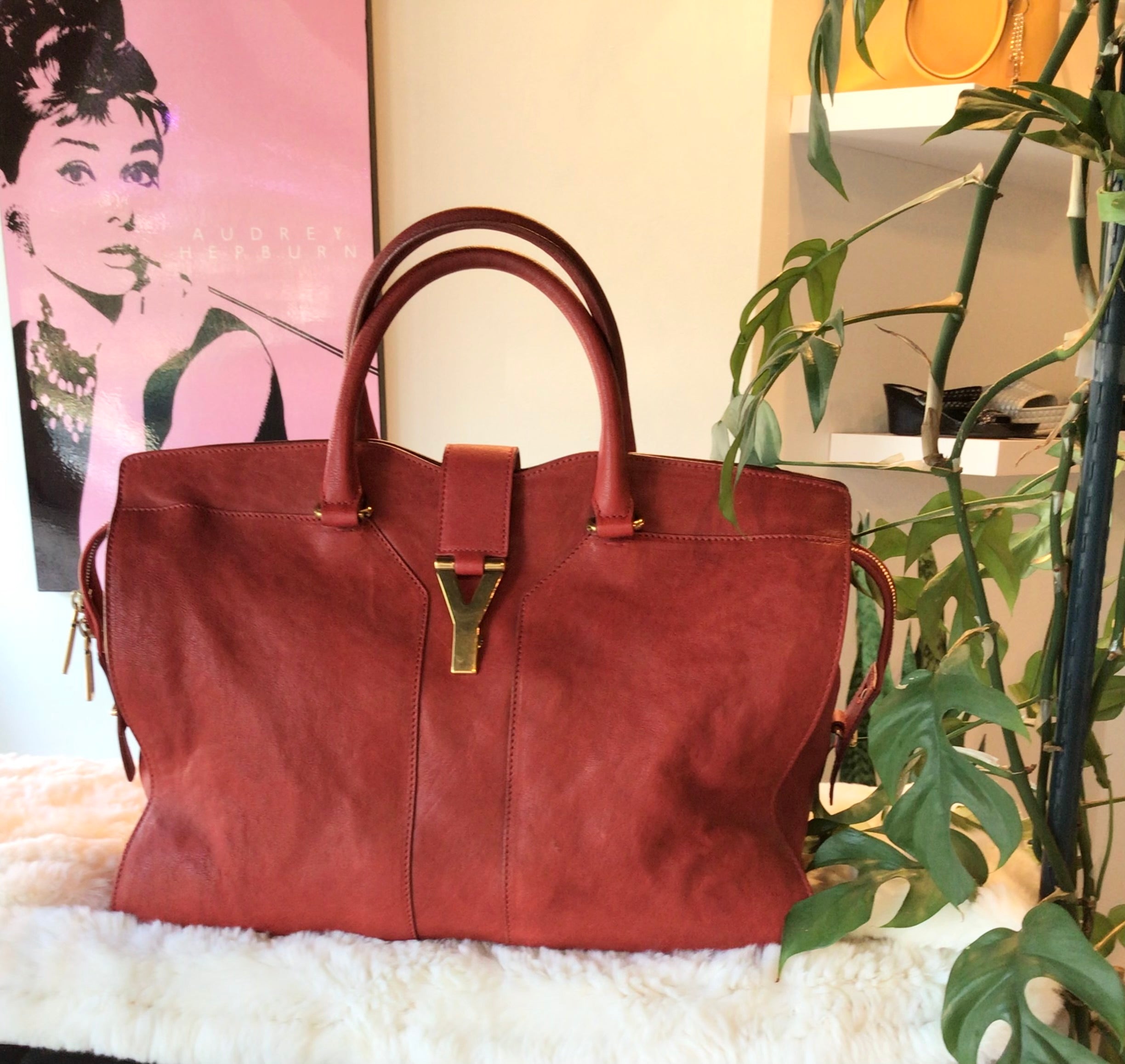 YSL Red Leather Cabas Chyc Tote