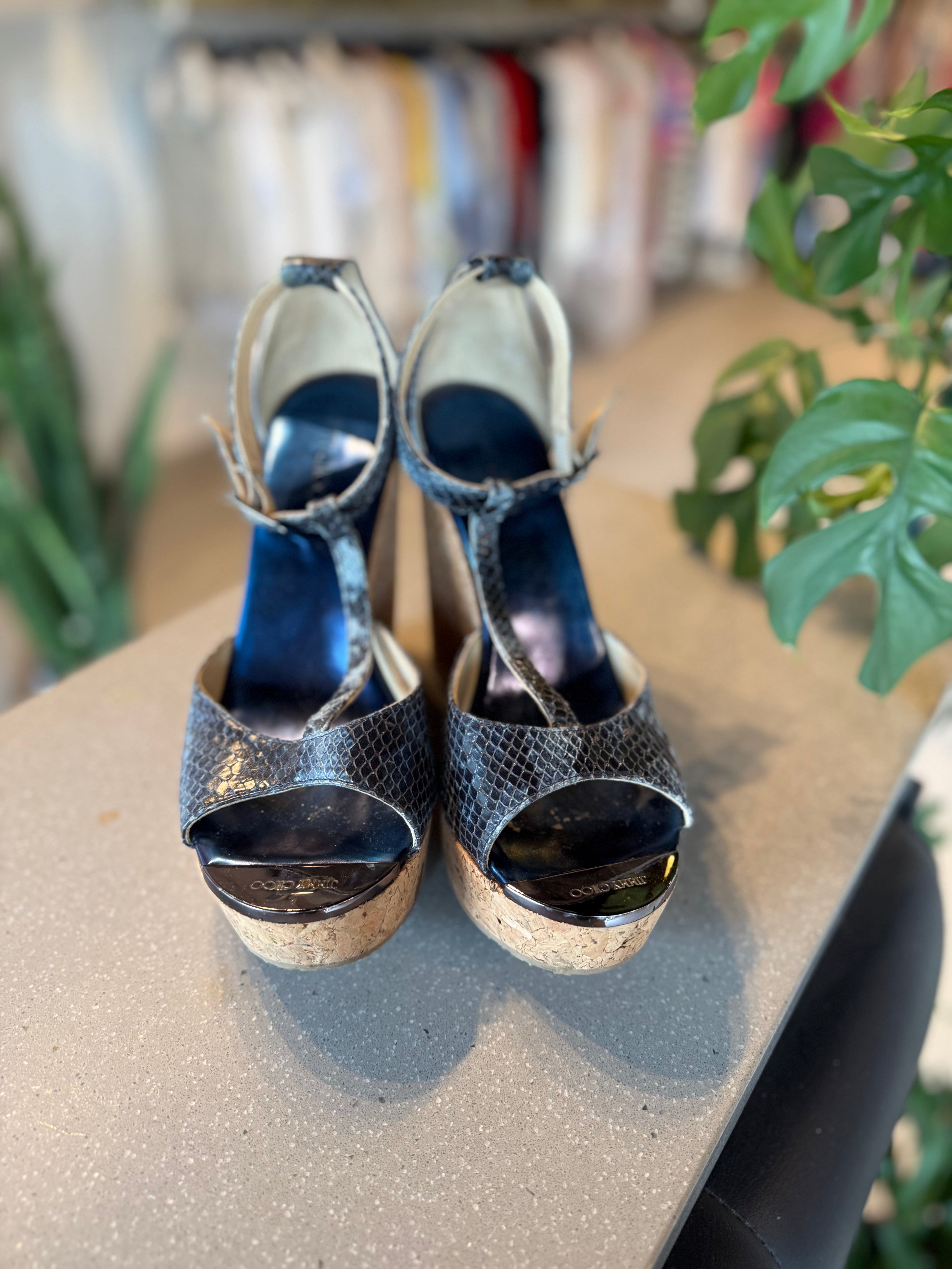 Jimmy Choo Blue Metallic Wedges