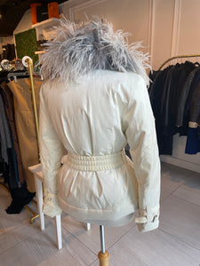 Vist White Bomber Jacket With Removable Ostrich Fur Trim