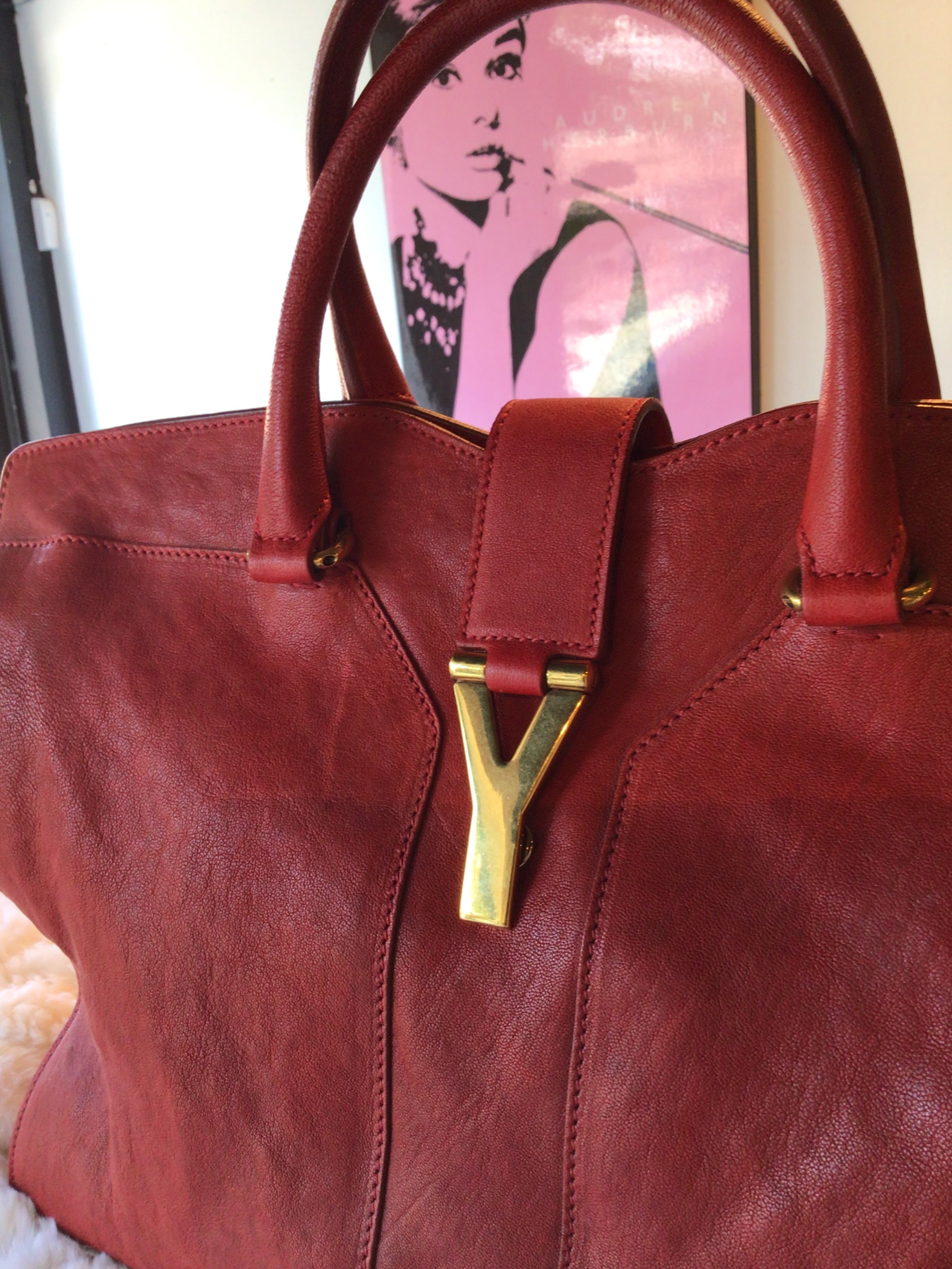 YSL Red Leather Cabas Chyc Tote
