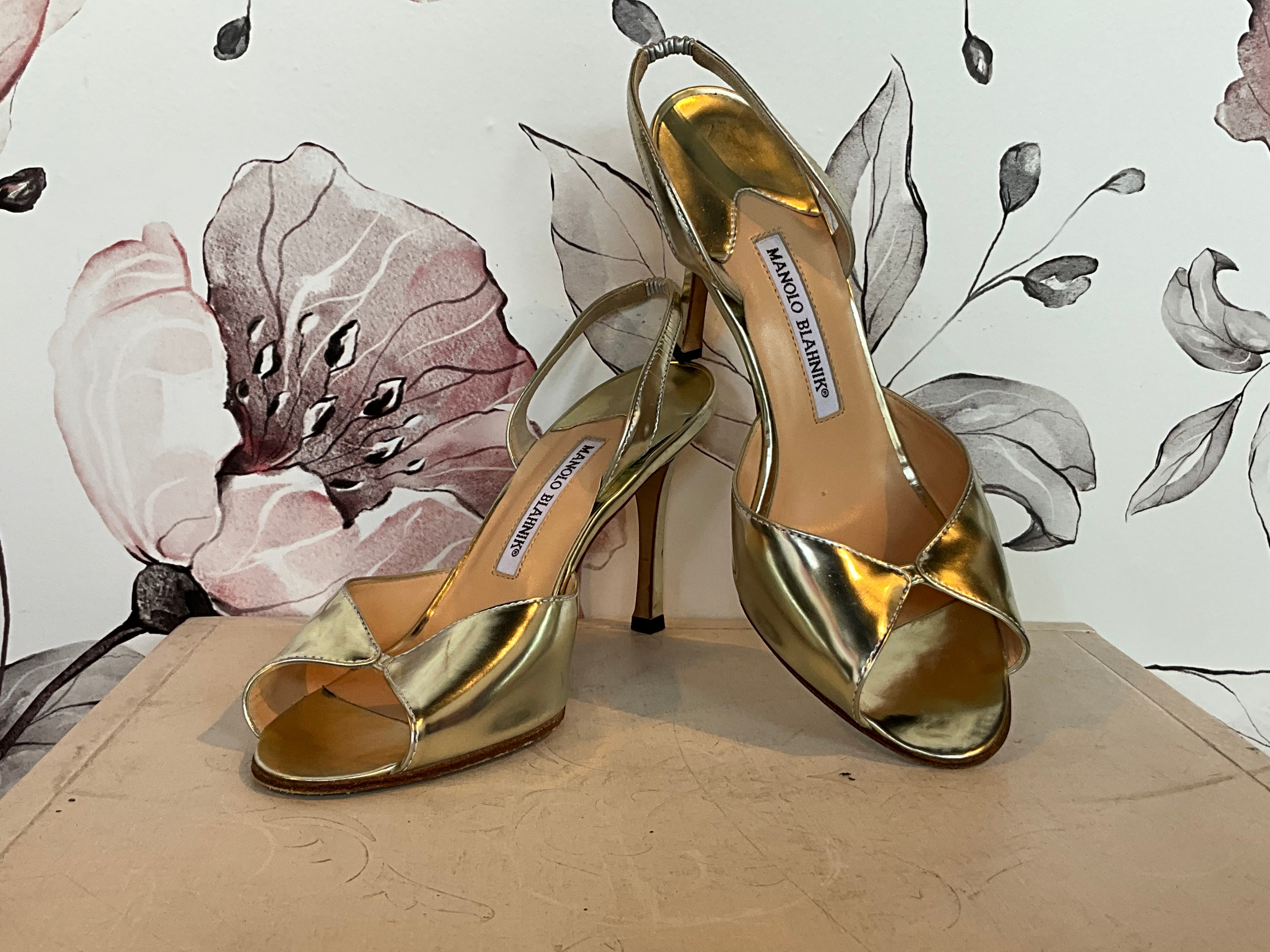 Manolo Blahnik Gold Leather Slingbacks