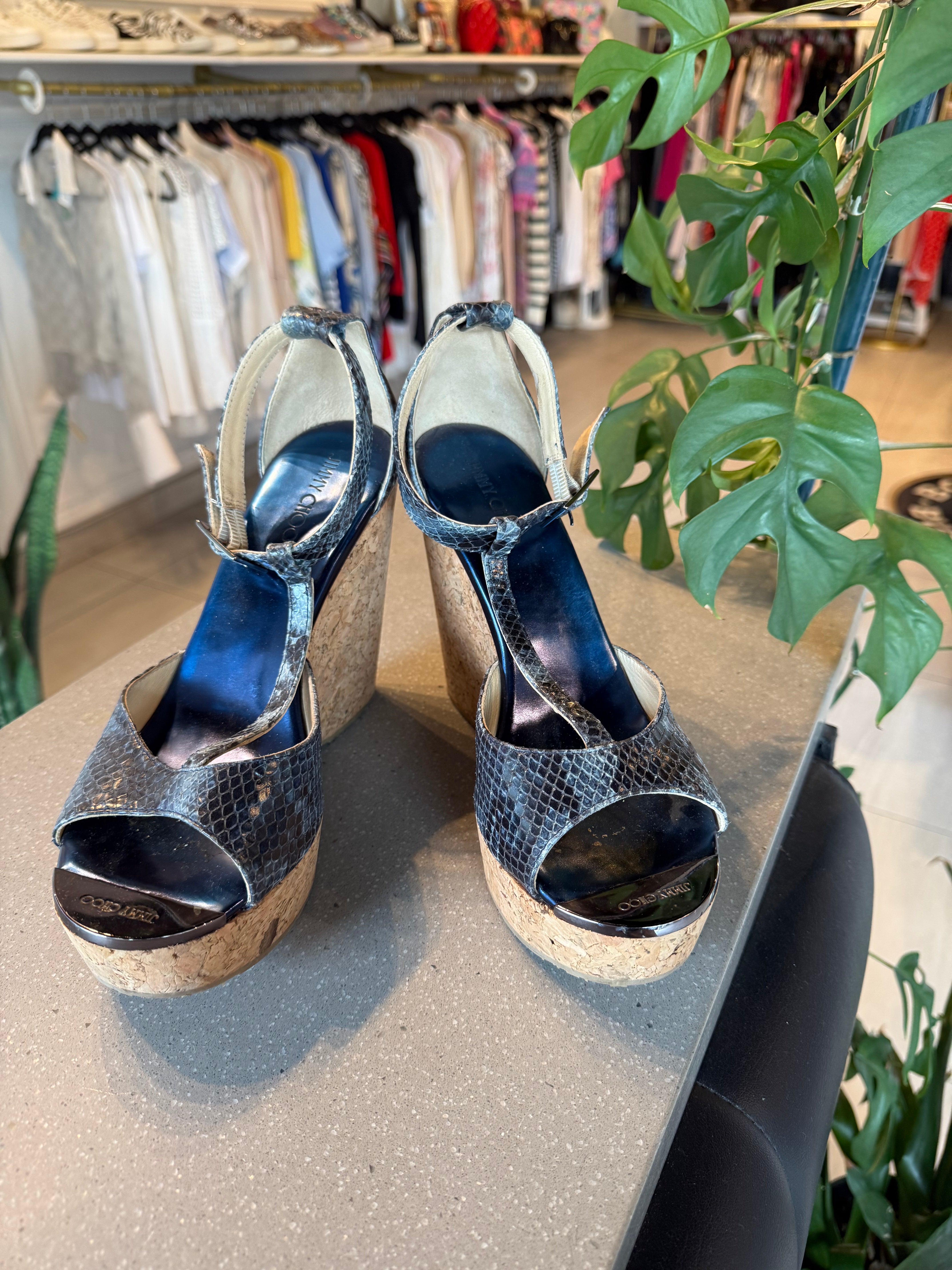 Jimmy Choo Blue Metallic Wedges