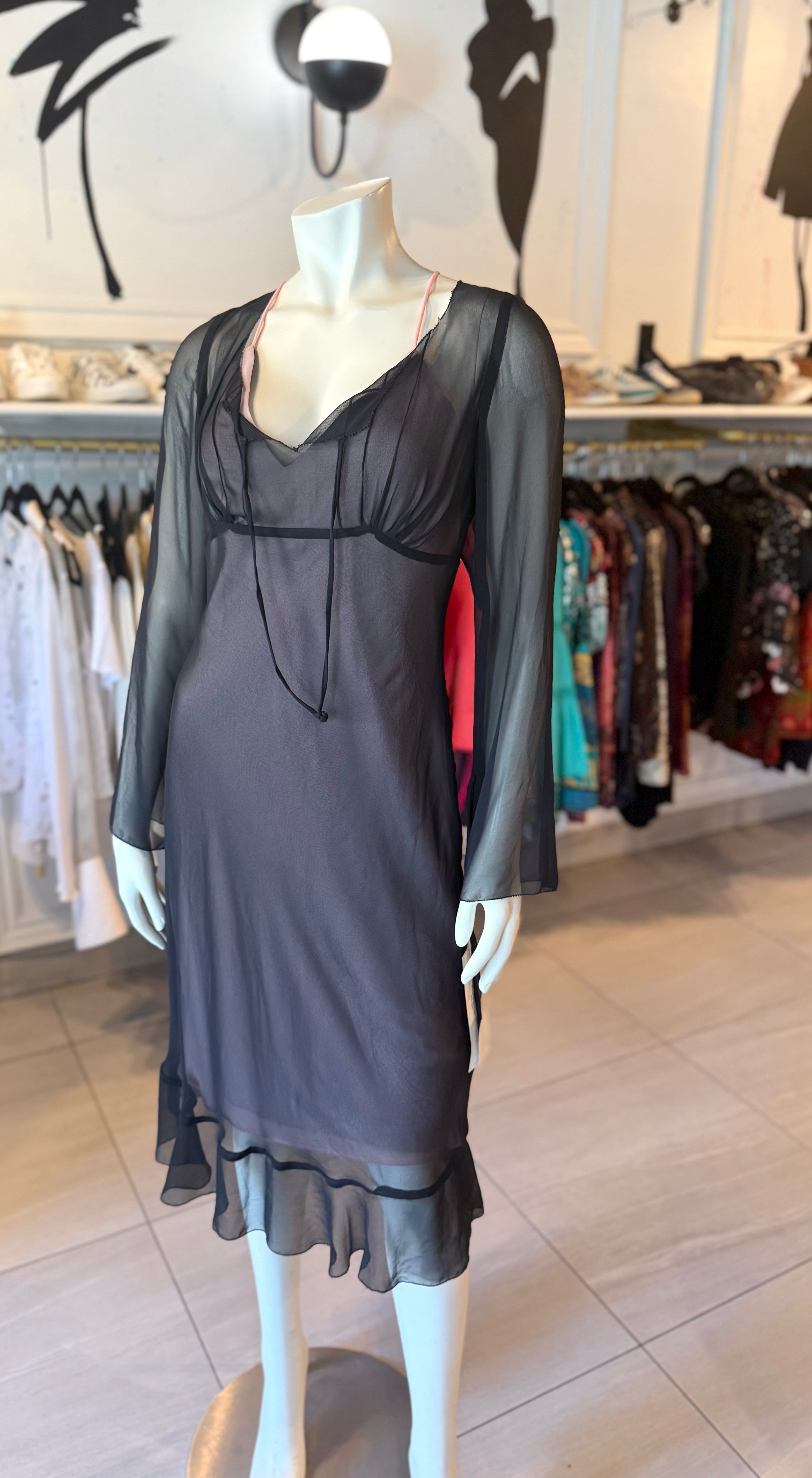 Mica Sheer Black Dress with Pink Slip (NWT)