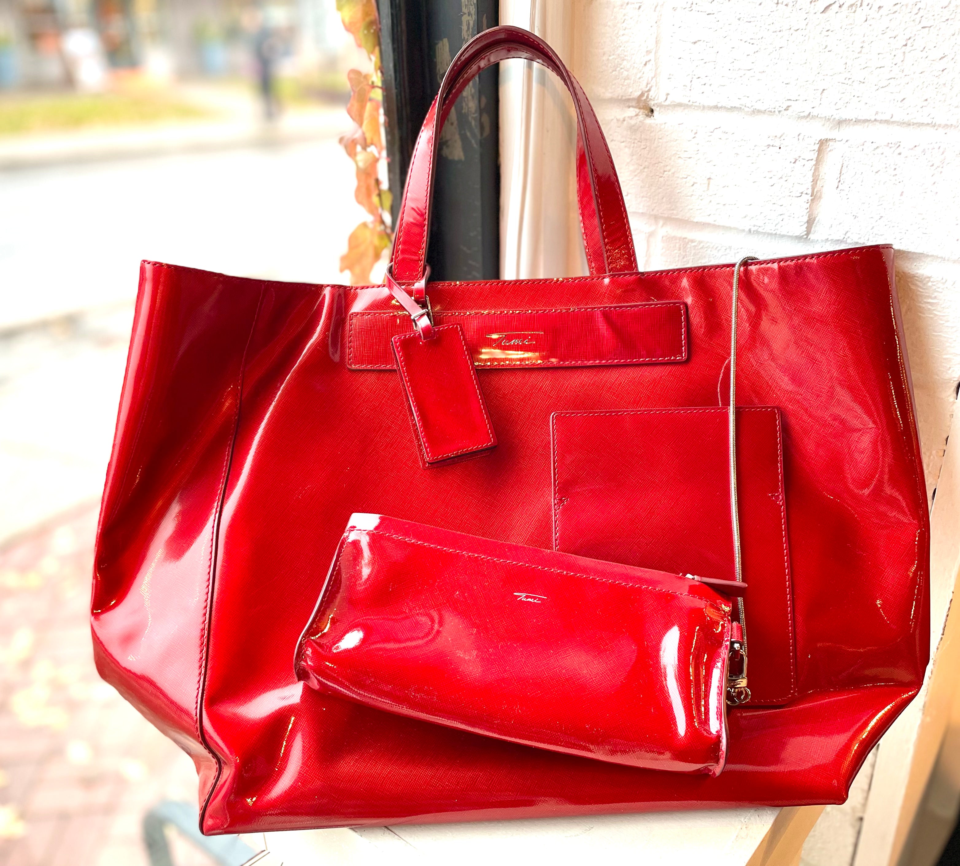 Tumi Red Patent Leather Boulevard Tote