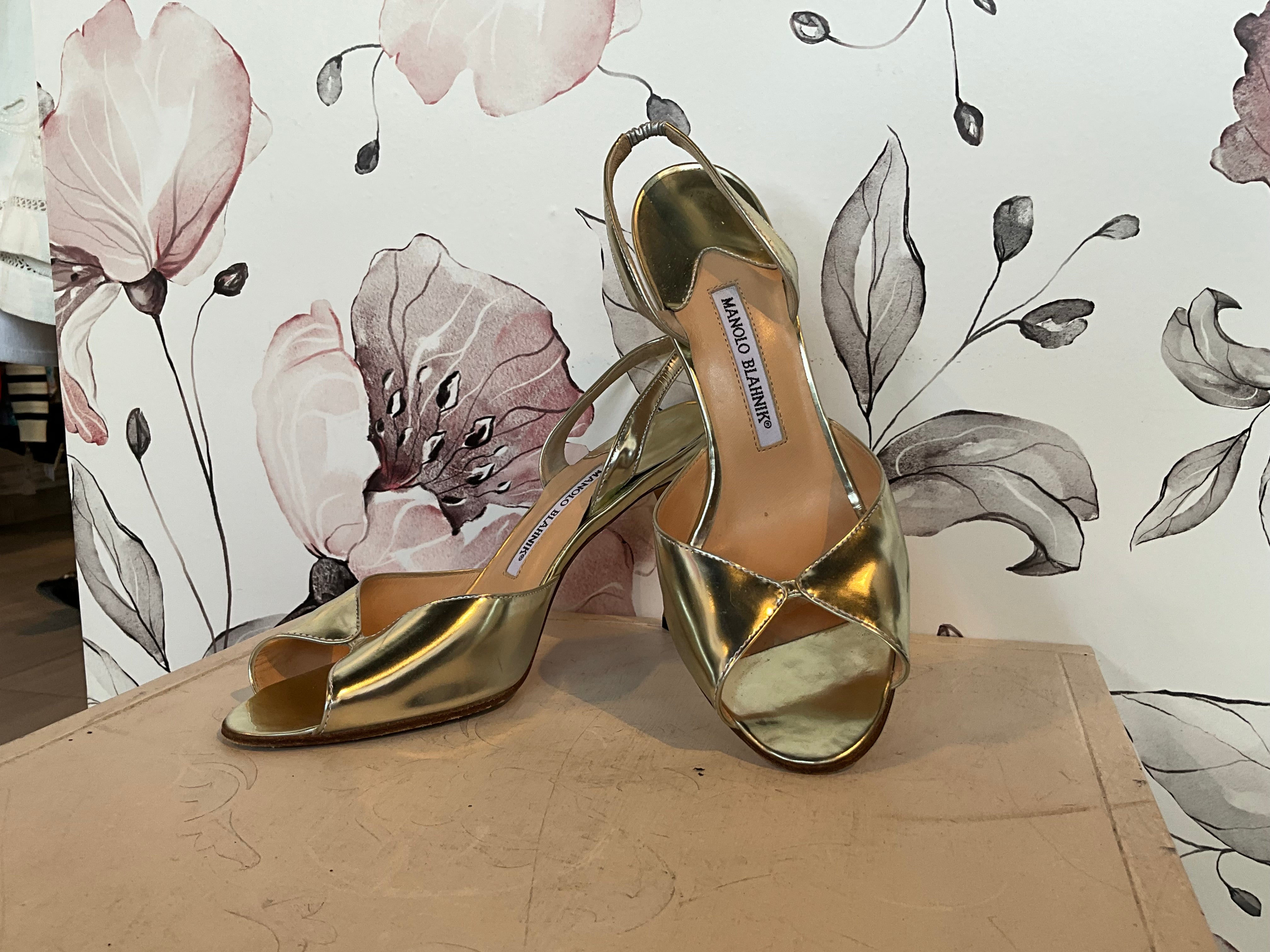 Manolo Blahnik Gold Leather Slingbacks