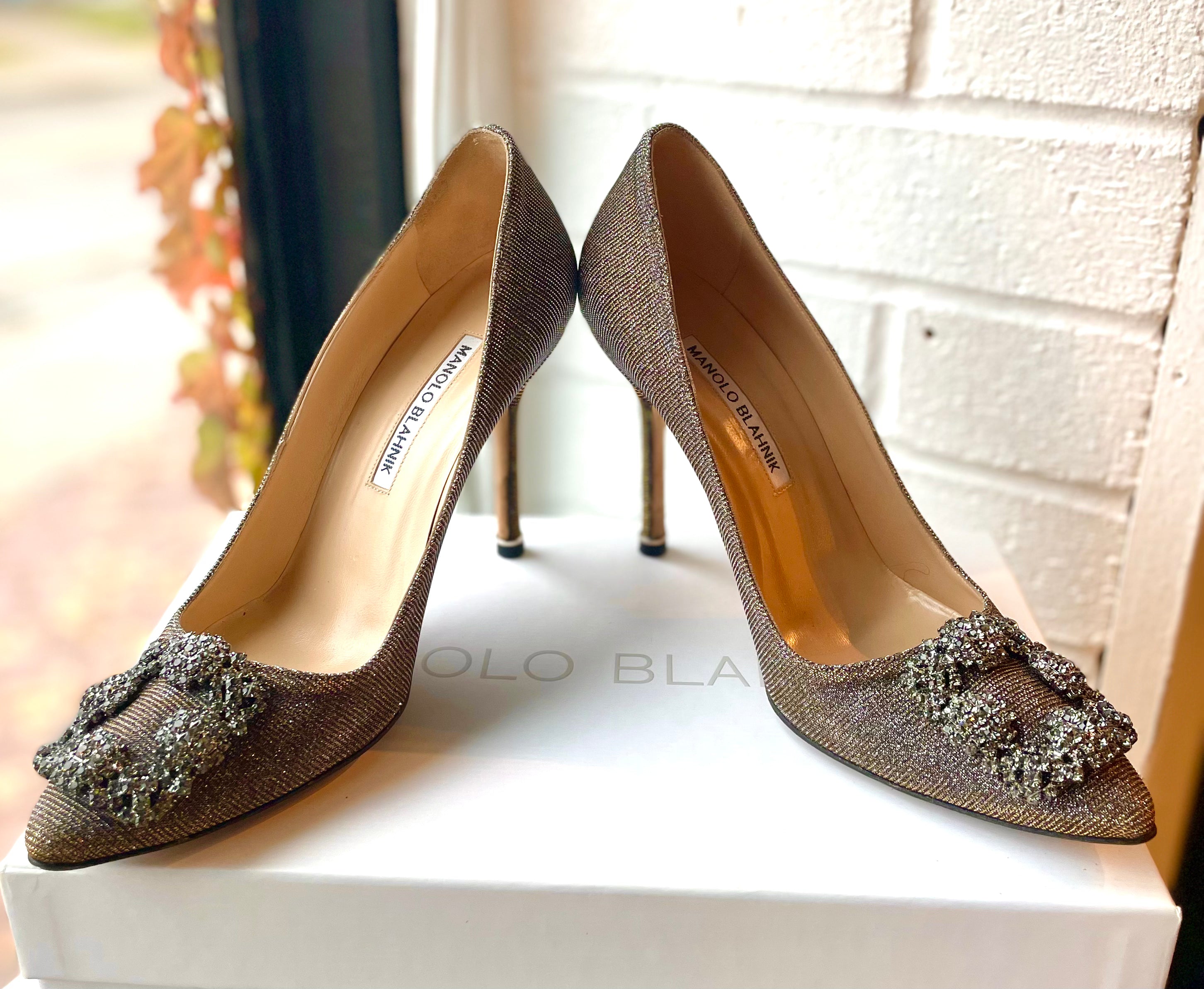 Manolo Blahnik Hangisi Dark Gold Glitter Pumps