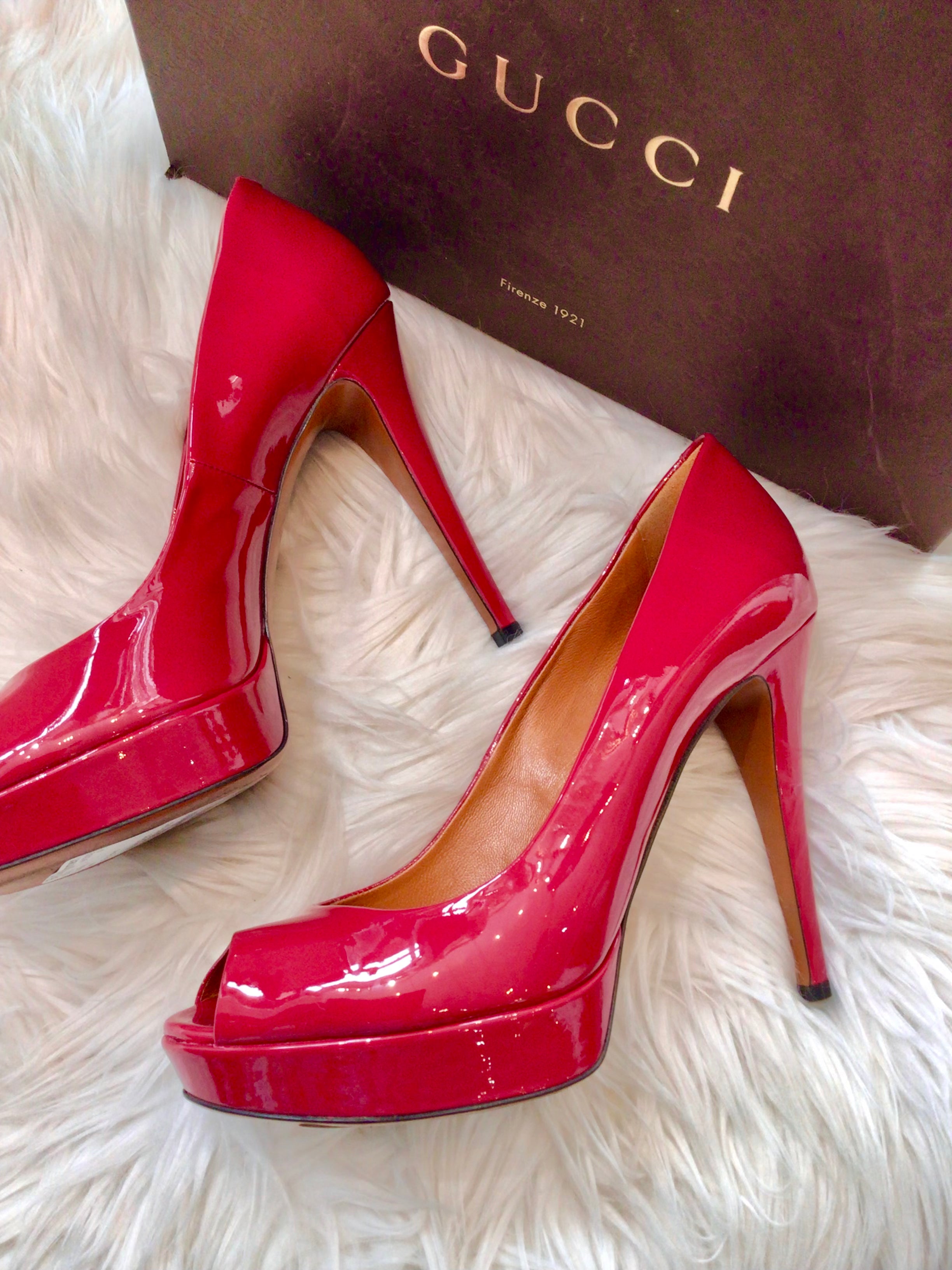 Gucci Red Patent Peeptoe Pumps