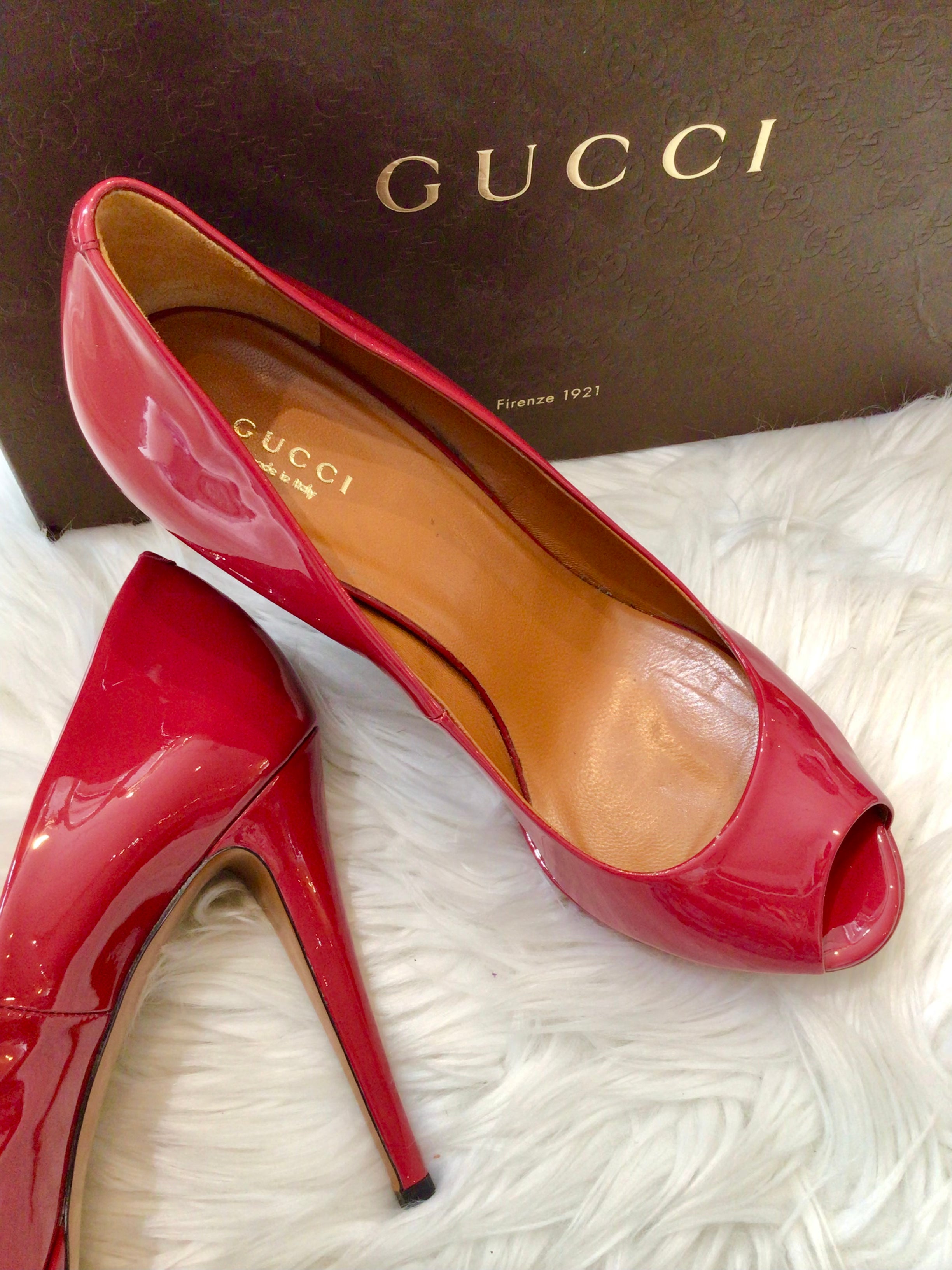 Gucci Red Patent Peeptoe Pumps