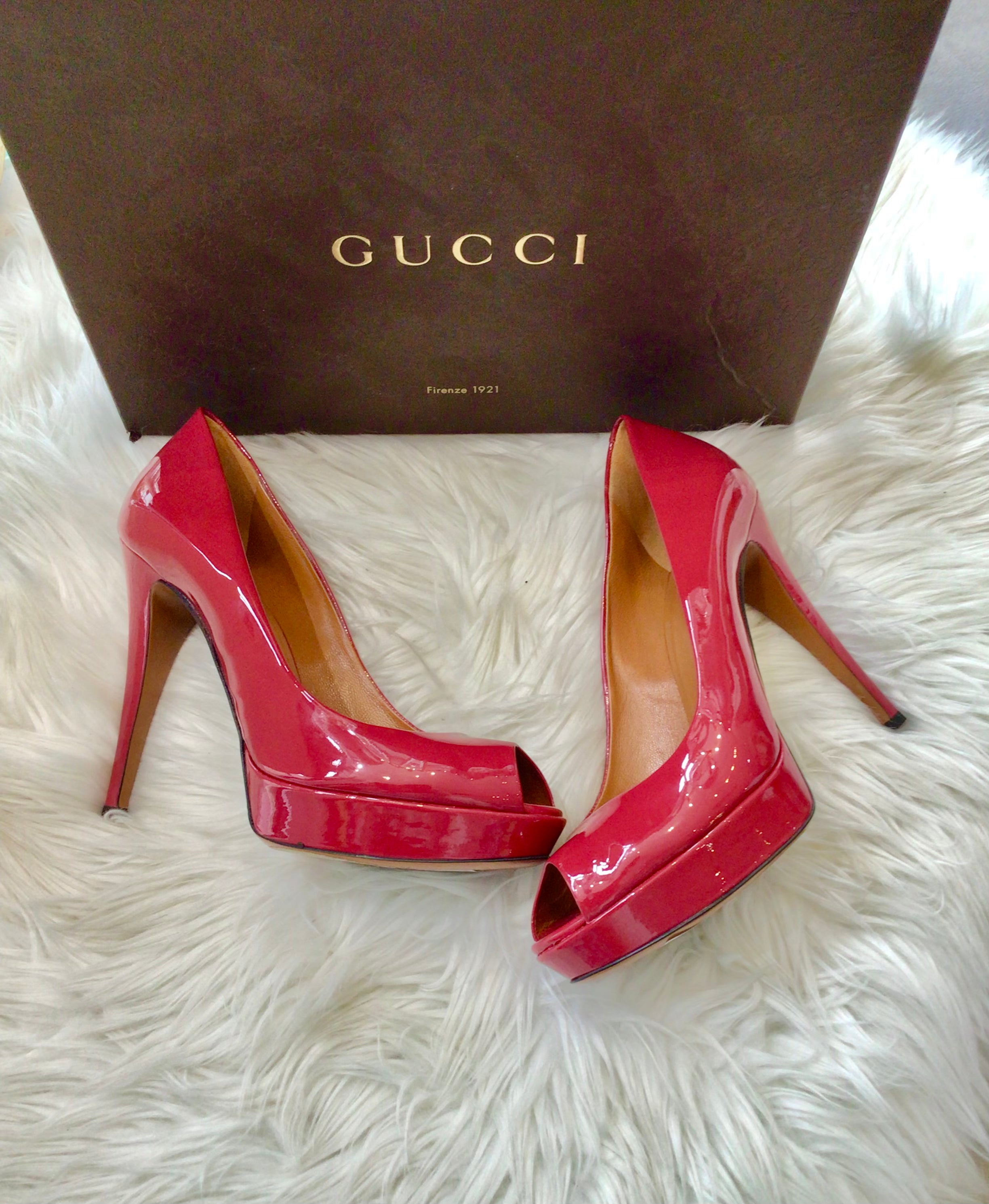 Gucci Red Patent Peeptoe Pumps